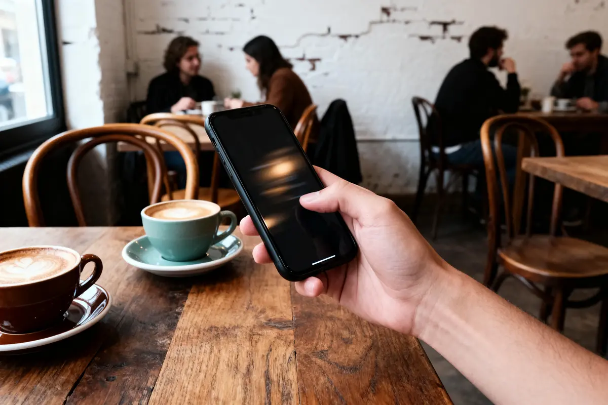 pexels-michal-pech-213601-757318 (1) Personne tenant un smartphone dans un café, deux tasses de café sur une table, personnes discutant en arrière-plan.