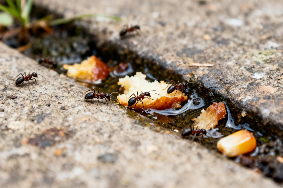 pexels-michal-pech-213601-757318 (1) Des fourmis entourent des miettes de pain dans une fissure de trottoir.