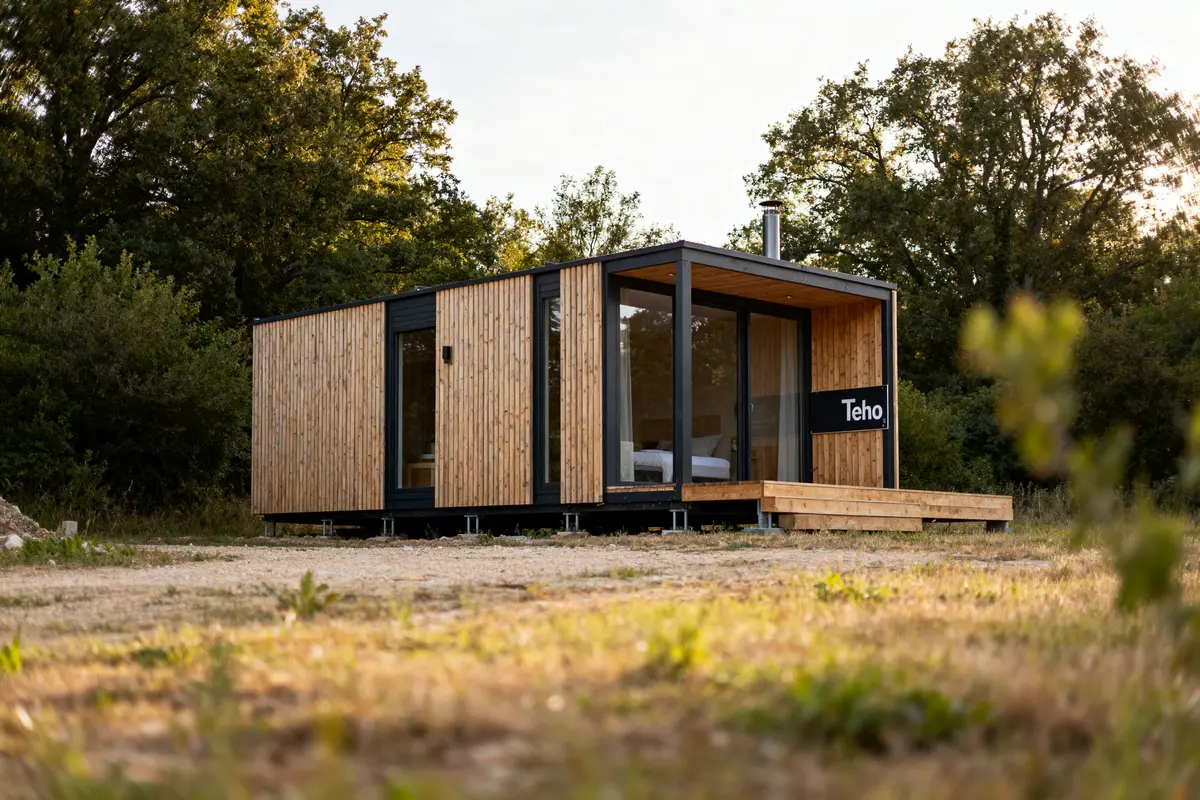 pexels-michal-pech-213601-757318 (1) Maison modulaire en bois dans un environnement naturel, entourée d'arbres, avec grandes fenêtres vitrées, étiquette "Teho".
