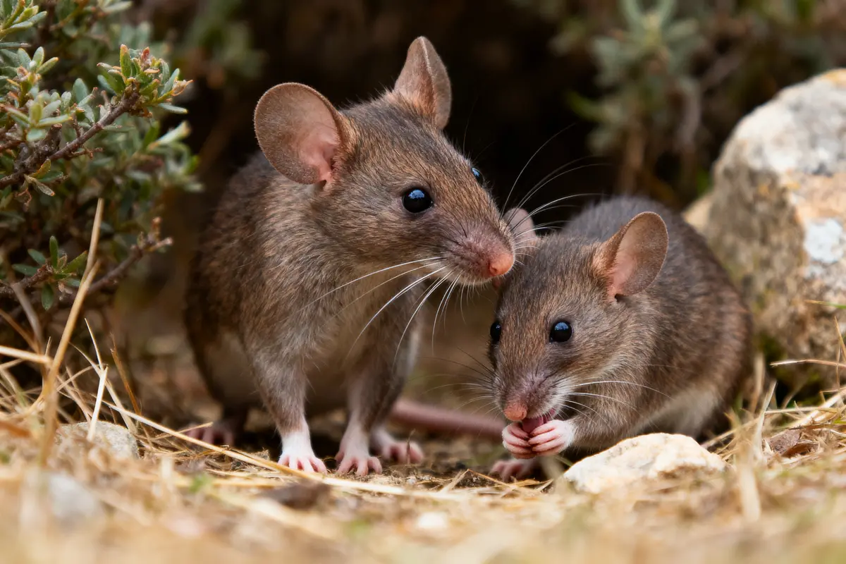 pexels-michal-pech-213601-757318 (1) Deux rats bruns dans un environnement naturel, proches des plantes et des rochers.