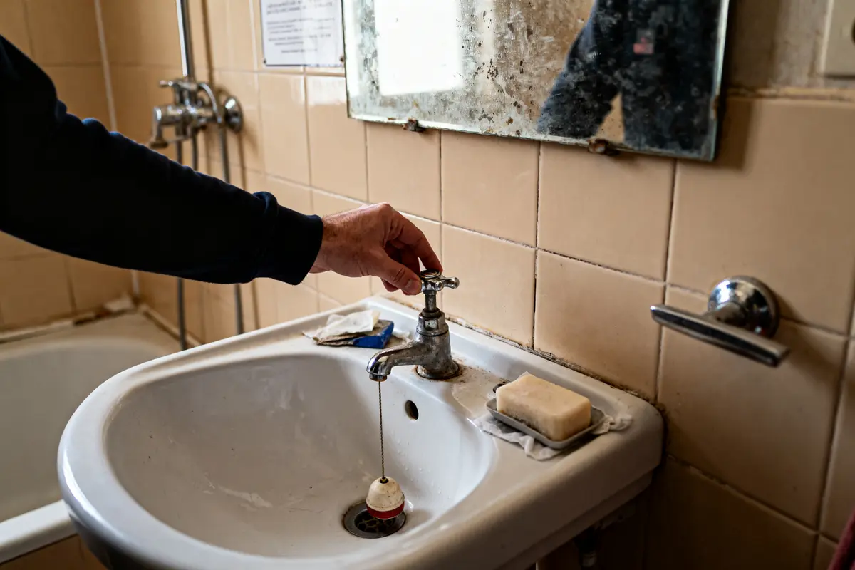 pexels-michal-pech-213601-757318 (1) Main actionnant robinet de lavabo dans une salle de bain vétuste avec miroir et savon.