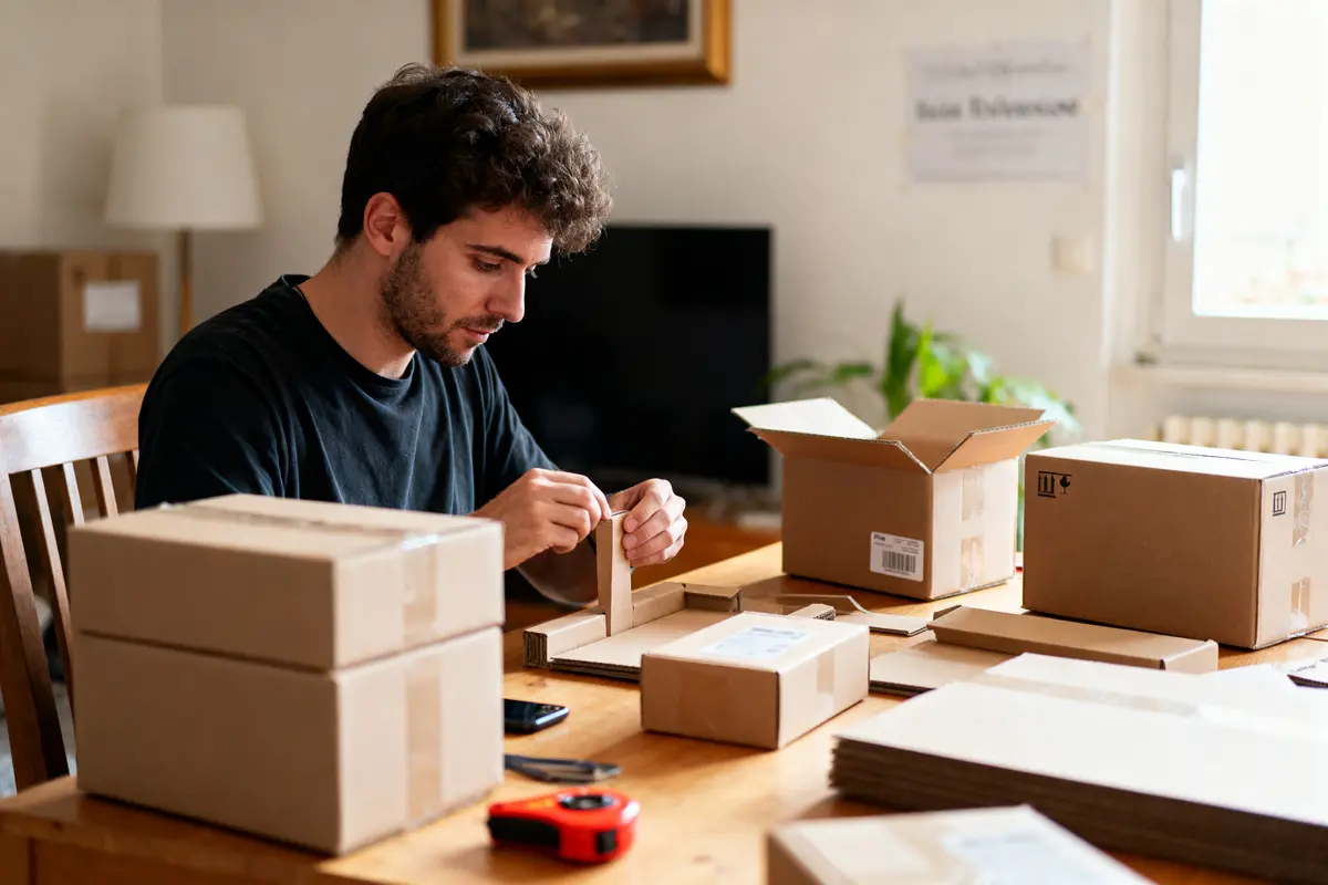 pexels-michal-pech-213601-757318 (1) Homme emballant des cartons sur une table en bois, intérieur lumineux, plantes en arrière-plan.