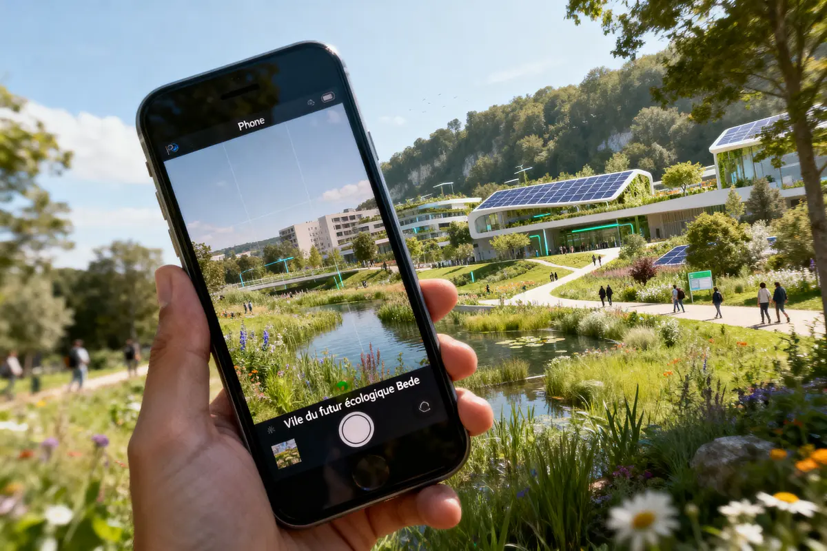 pexels-michal-pech-213601-757318 (1) Main tenant un smartphone devant paysage urbain écologique avec panneaux solaires, rivière et verdure abondante.
